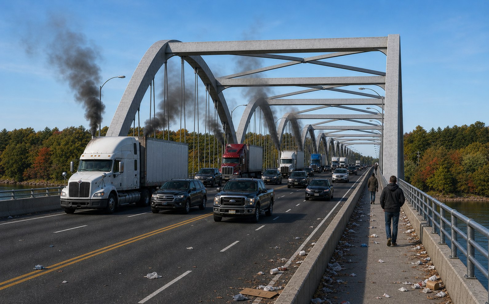 What the DRJTBC replacement would bring: a wide multi-lane crossing with semi-trucks, black exhaust, and pollution